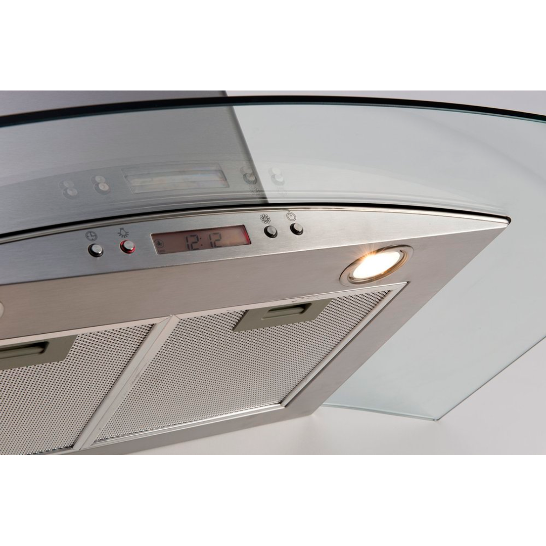 A stainless steel range hood with a glass canopy and integrated light, shown installed against a white ceiling.