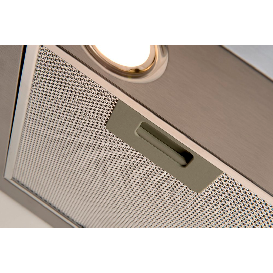 Close-up detail of a brushed stainless steel kitchen range hood or vent cover with a circular light and a rectangular control switch on a white background.