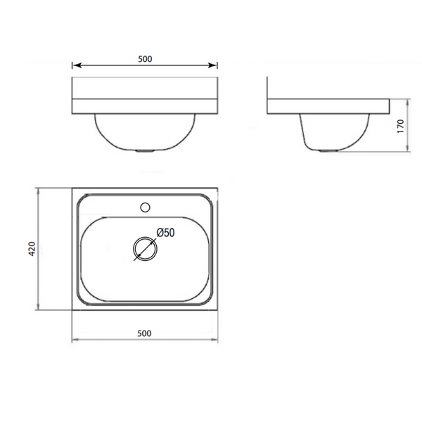 Interchange Uptown Wall Mounted Wash Basin 1 Tap Hole S/Steel 500 X 420 X 170 Sswb