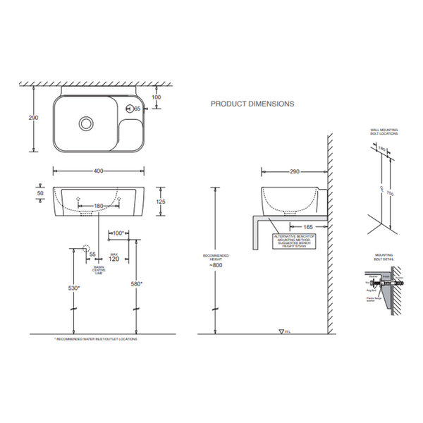 Johnson Suisse Gemelli Compact Wall Hung Basin 1 Tap Hole 400 X 290