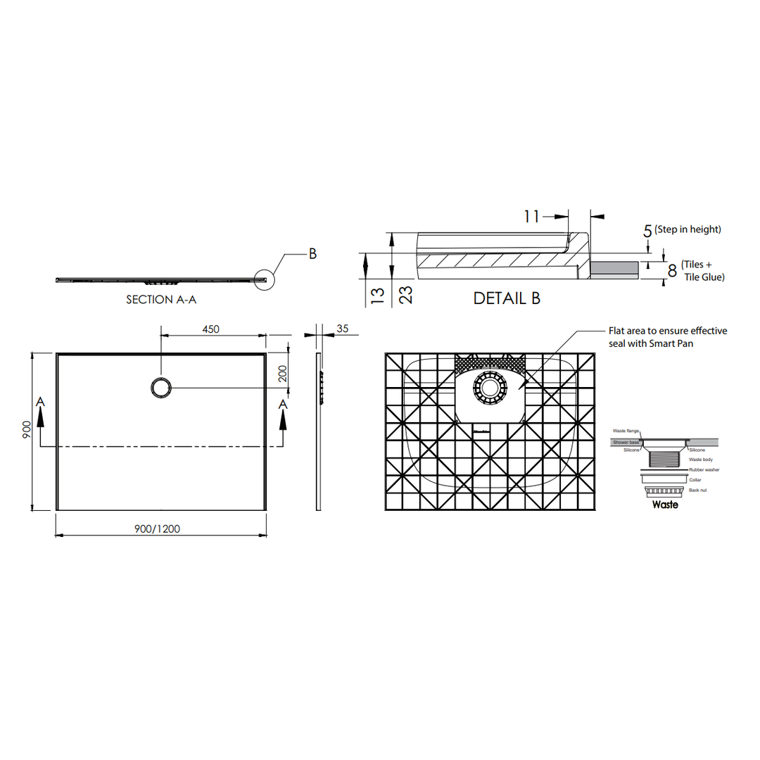 Johnson Suisse Super Slim Smc 1200 X 900 Shower Base 3Tl Ro With Waste