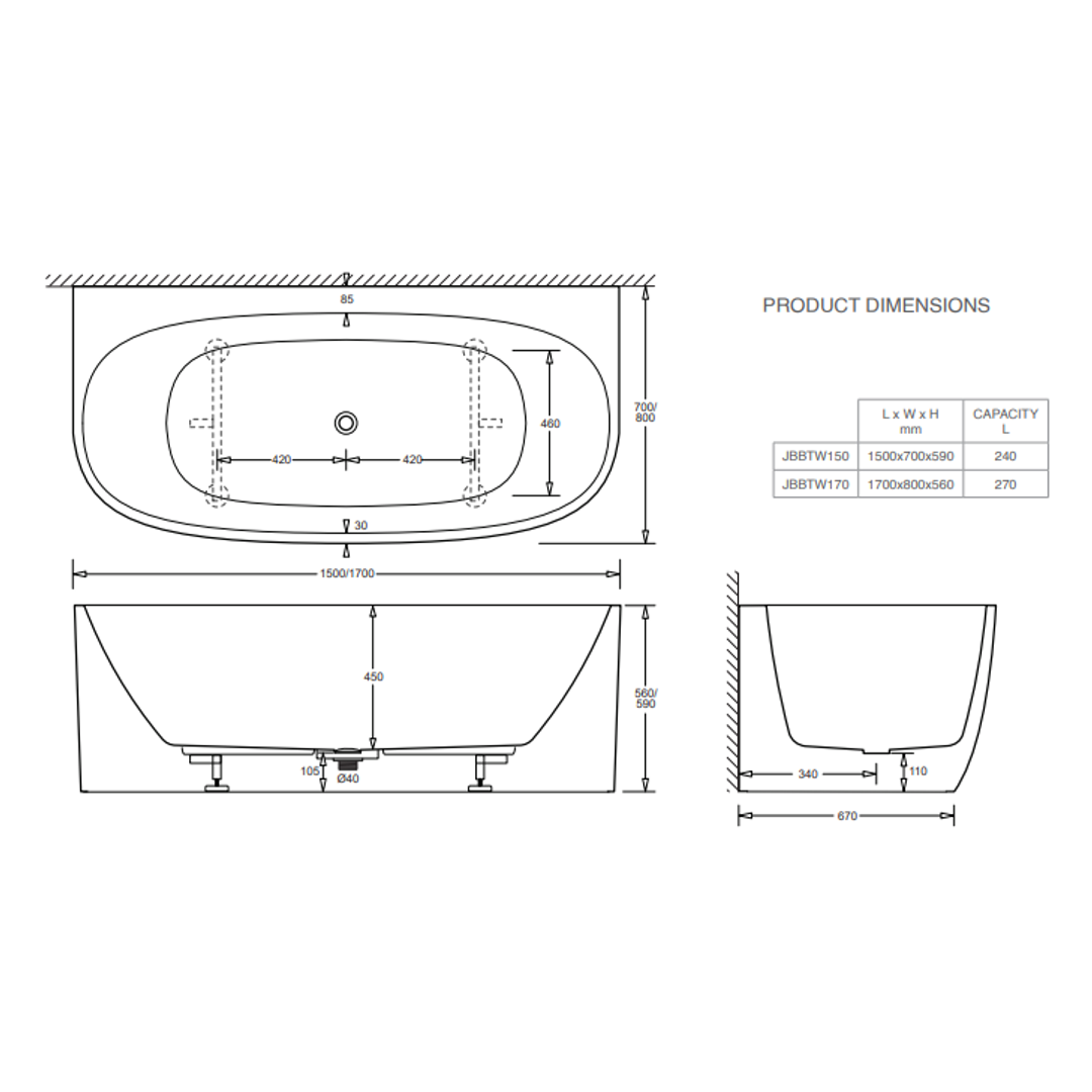 Johnson Suisse Venezia Btw Acrylic Bath 1500 X 700 X 590 Of P&W Matte White