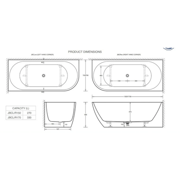 Johnson Suisse Venezia Corner Right Acrylic Bath 1500 X 700 X 590 Of P&W Matte White