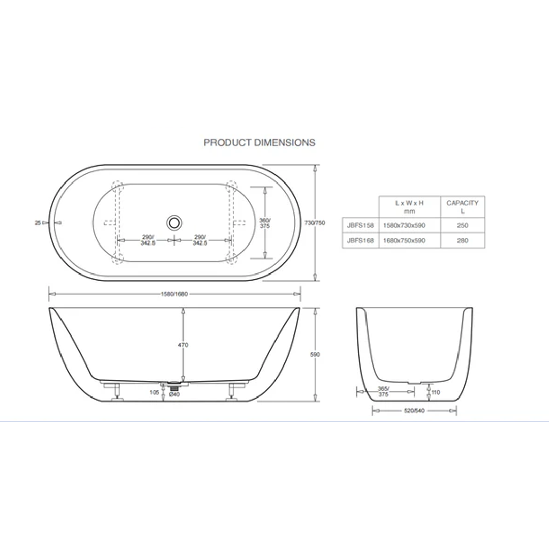 Johnson Suisse Venezia Freestanding Acrylic Bath 1680 X 750 X 590 C/W Pop Up Waste & Overflow