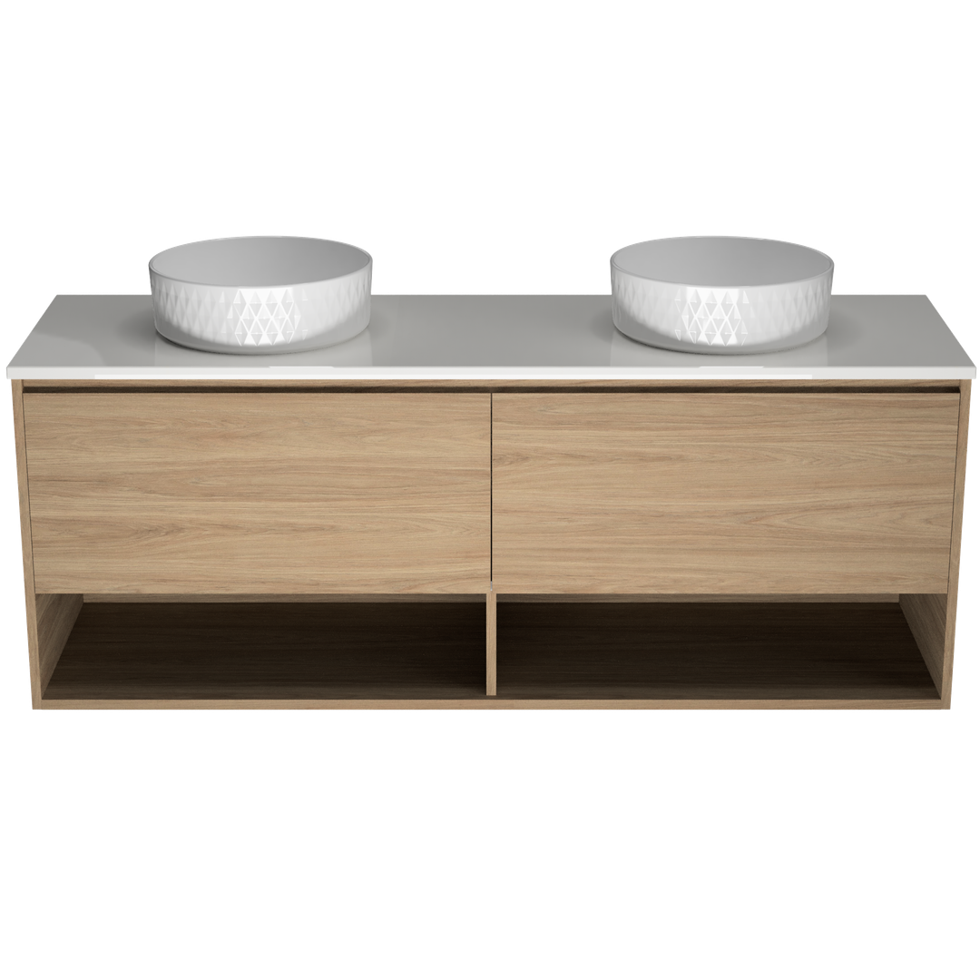 TIMBERLINE KANSAS VANITY 1500MM DOUBLE WG BASINS SILKSURFACE AC TOP WALL HUNG