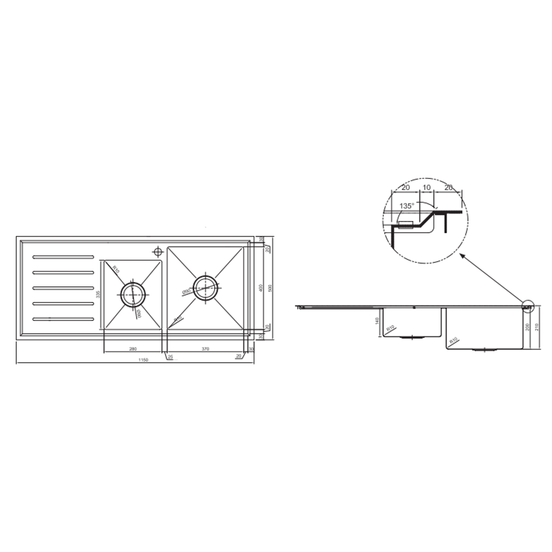 Interchange Kingston 1 & 3/4 Square Sink with Drainer 1150 X 500 X 200 - Nth