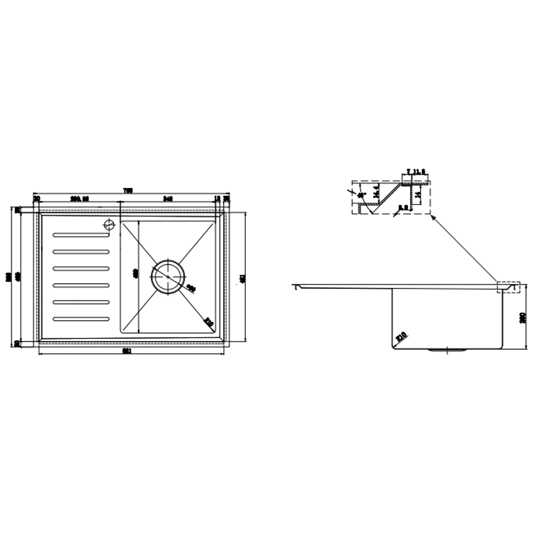 Interchange Kingston Single Bowl Sink with Drainer - 700 X 500 X 200