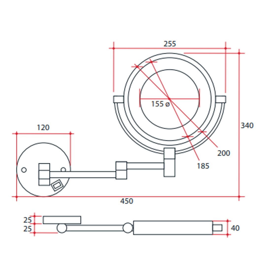 Thermogroup 1 & 5x Magnification Chrome Wall Mounted Shaving Mirror, 200mm Diameter with Concealed Wiring