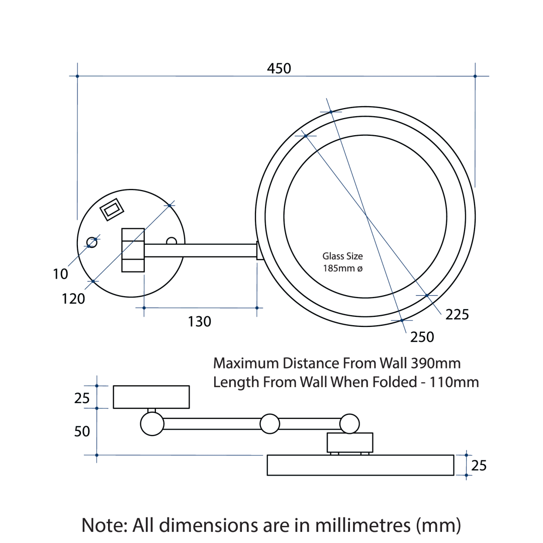 3X Magnification Brushed Nickel Wall Mountshaving Mirror, 250Mm Diameter & Concealed Wiring
