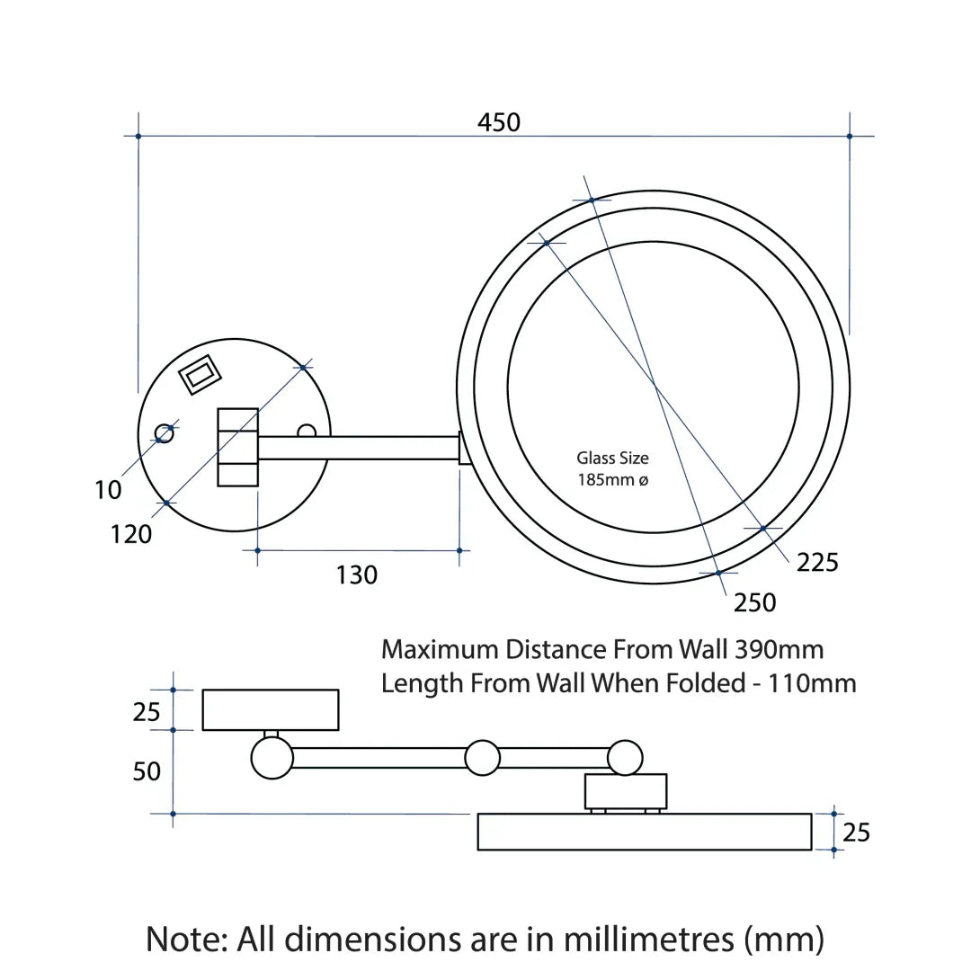 3X Magnification Brsh Brass Wall Mounted Shav G Mirror, 250Mm Diameter With Concealed Wir G - Burdens Plumbing