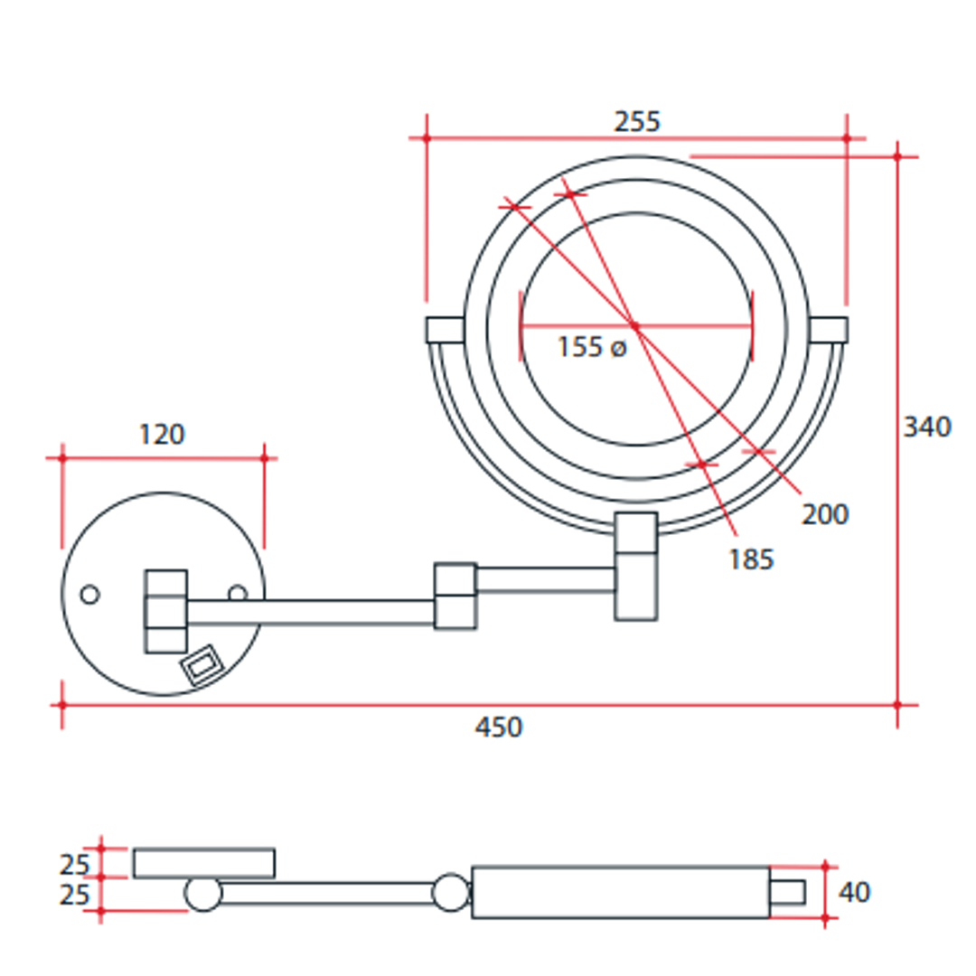 Thermogroup 1 & 8x Magnification Chrome Wall Mounted Shaving Mirror 200mm Diameter - Exposed Wiring