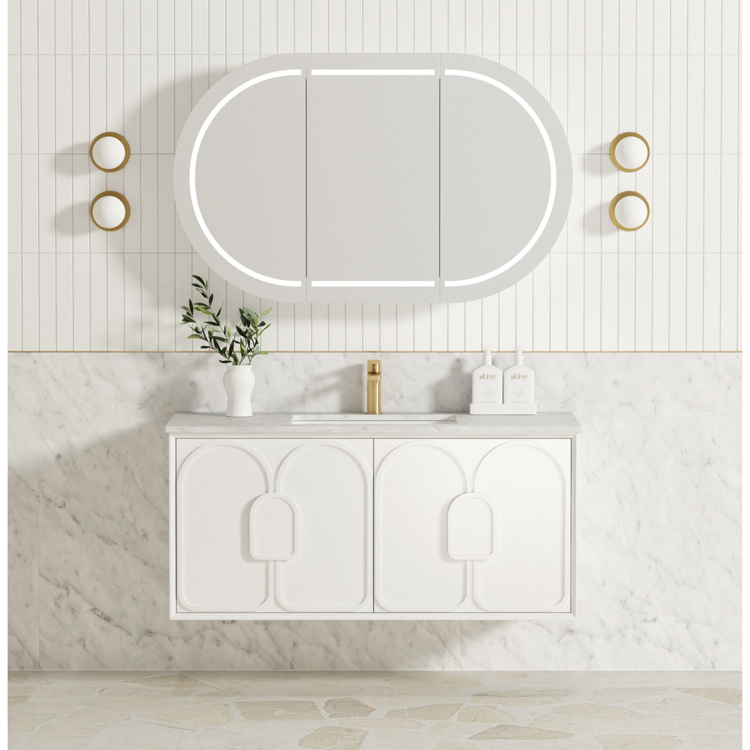 Otti Laguna Mk Ii 1200 Matte White Wall Hung Vanity With U/Mount Carrara Marble Top & Basin
