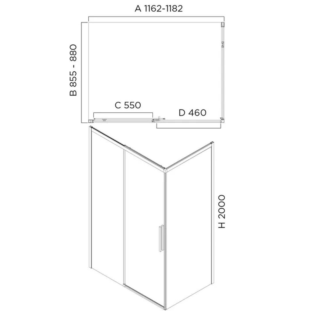 Oceano Urban Slider Shower Front Panel Matte Black bracket 1200 x 2000