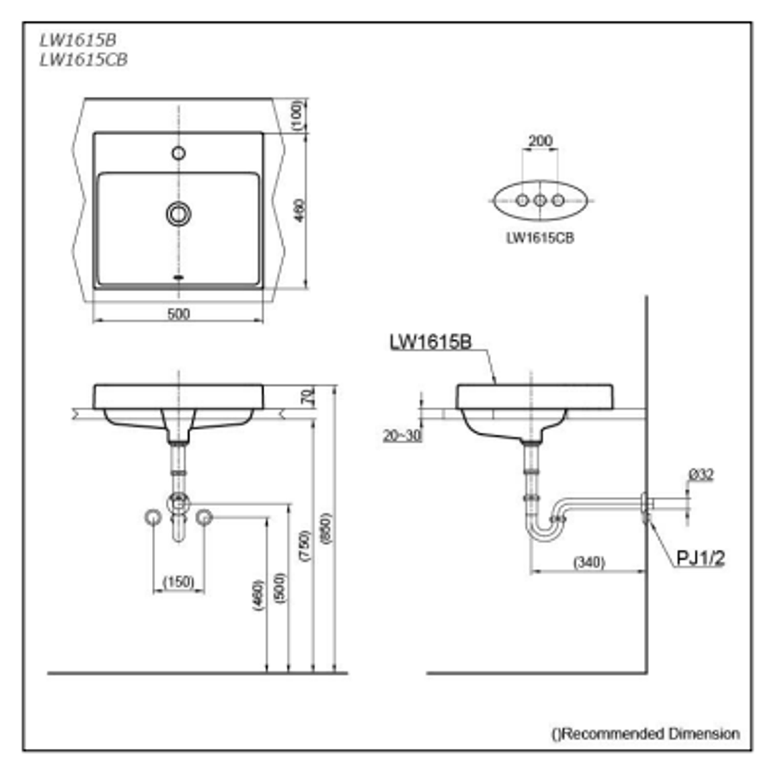 TOTO Console Lavatory 500W X 460D X 70H W/Ceifiontect LW1615CB# X W