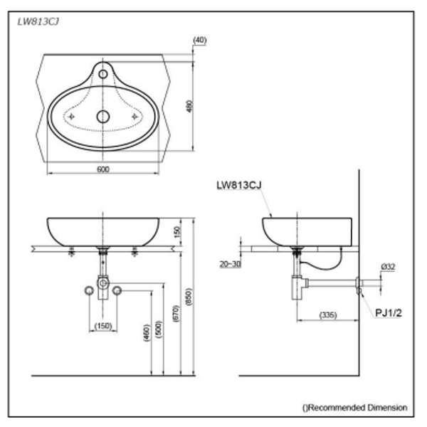 TOTO LE MUSE Console Lavatory 600W X 480D X 150H LW813CJ#W