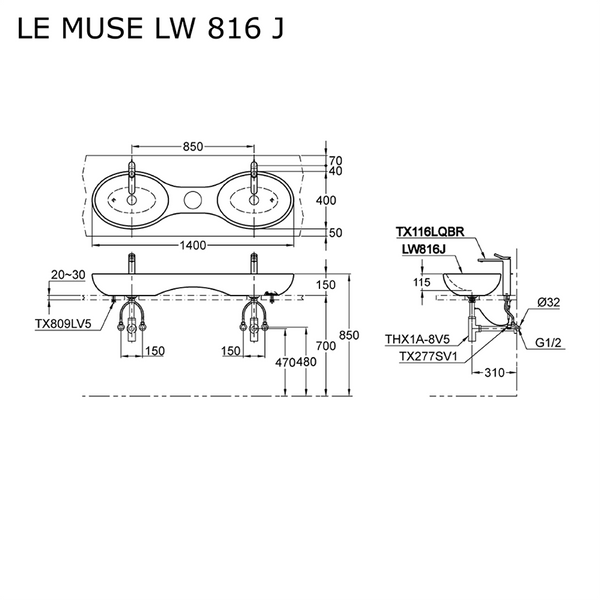 TOTO Le Muse Twin Vessel Lavatory LW816J#W