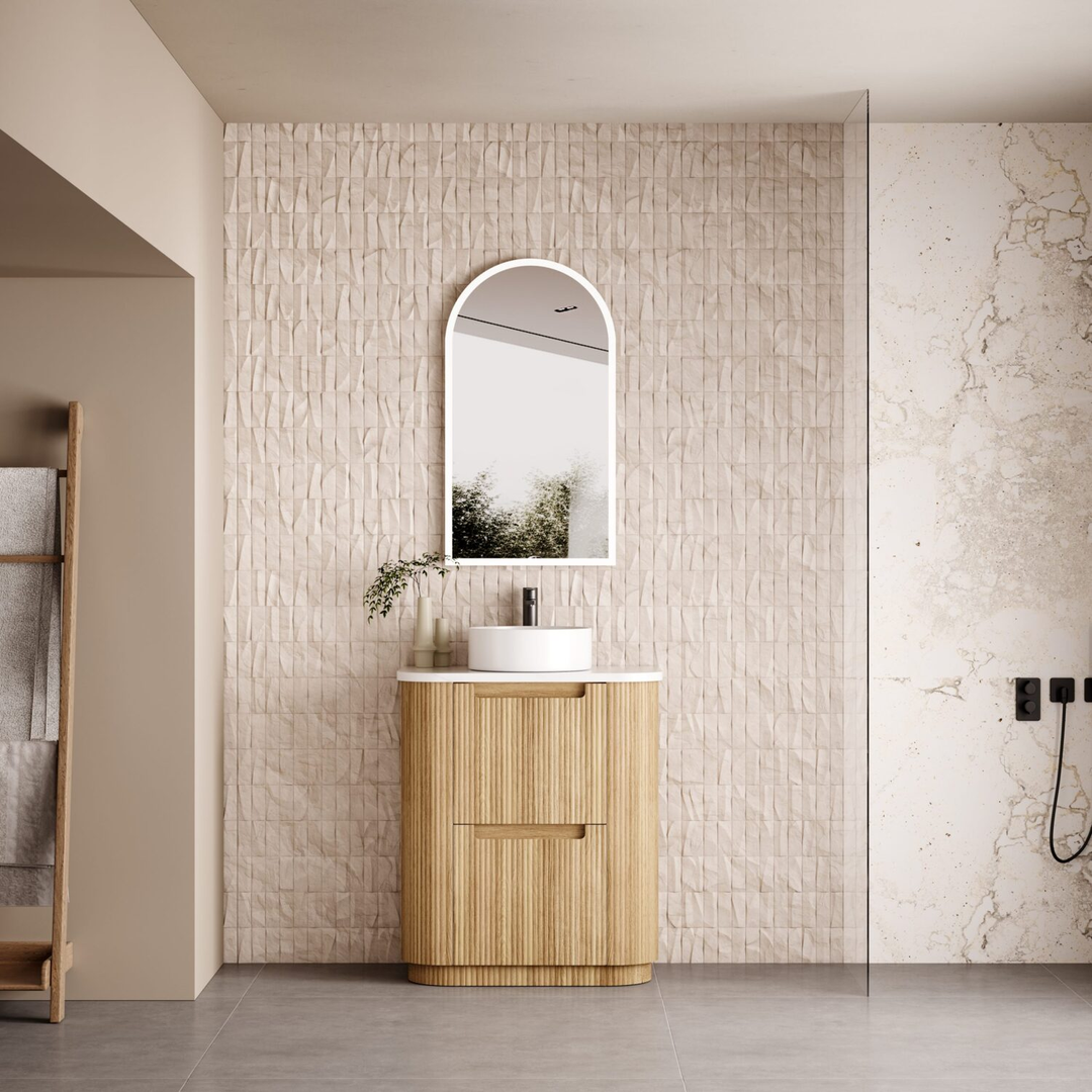 Aulic Varcelli Floor Standing Harvest Oak Fluted Curved Cabinet 750X460X880mm With Alpine Flat Stone Top
