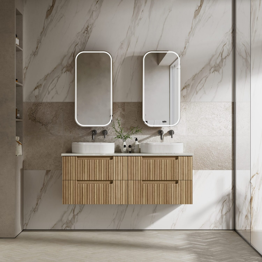 Aulic Lovina Tier Wall Hung Single Harvest Oak Fluted Cabinet 1500X460X425mm & Alpine Flat Stone Top
