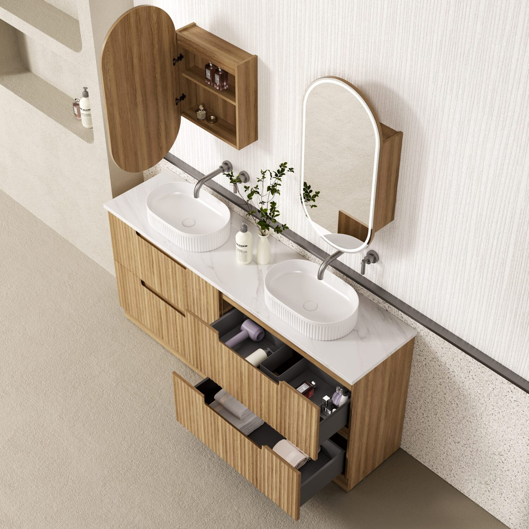 Aulic Lovina Floor Standing Double Harvest Oak Fluted Cabinet 1800X460X425mm & Pure Undermount Stone Top