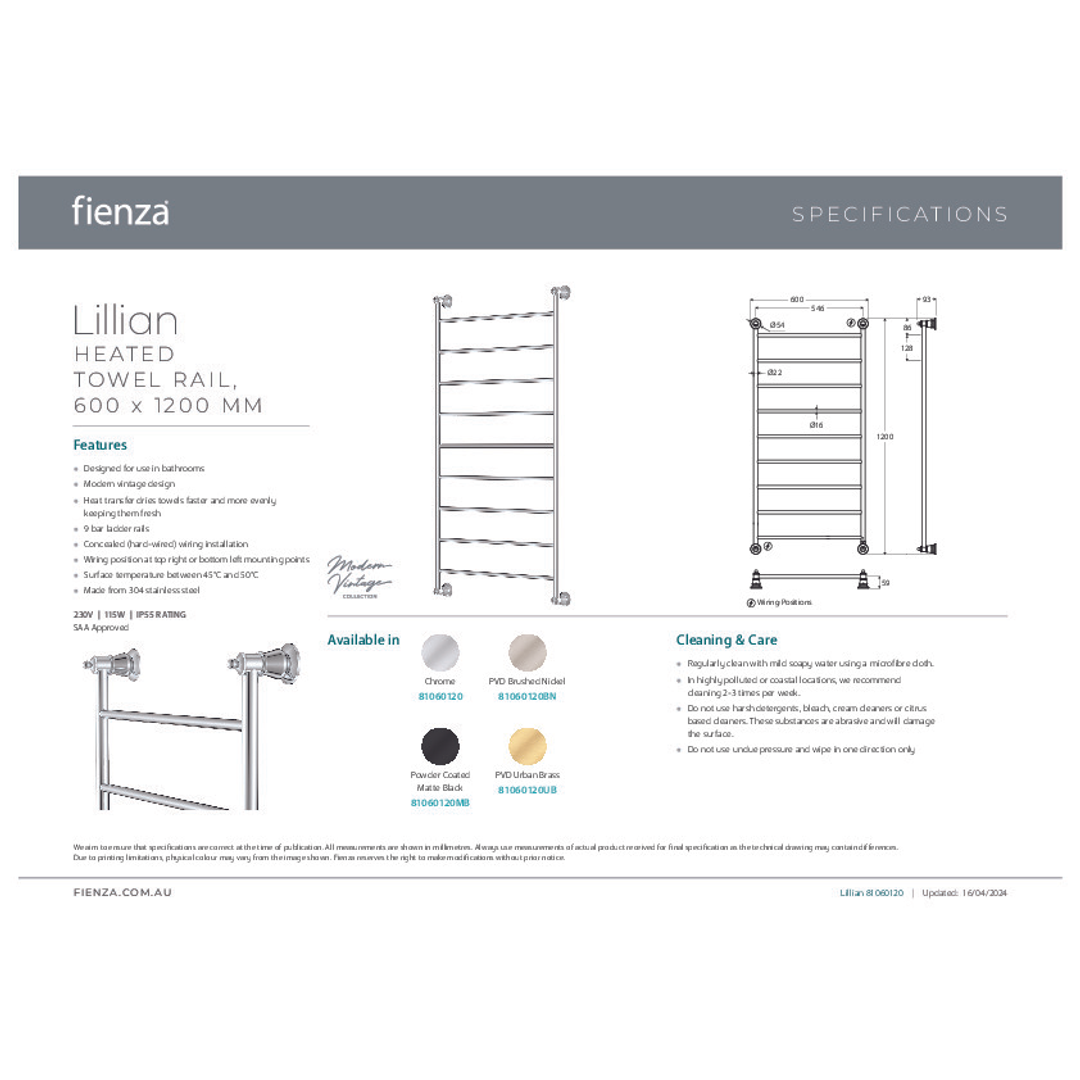 Fienza Lillian Heated Towel Rail 60120 Brushed Nickel 9 Bars 600 X 1208 X 95mm