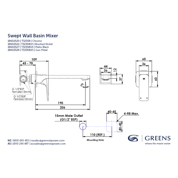 Greens Swept Wall Basin/Bath Mixer Pvd Matte Black