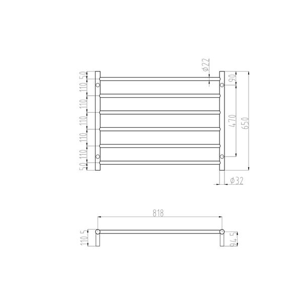 Linsol Allegra 6 Bar Wideheated Towel Rail - Matte Black