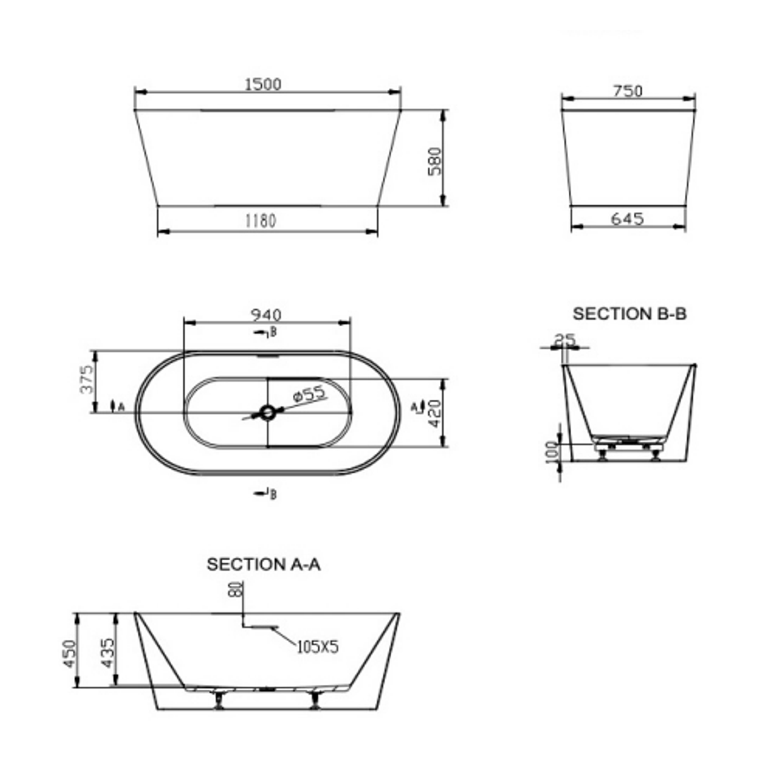 Linsol Joseph 1500Mm Freestanding Bath With Overflow Gloss White
