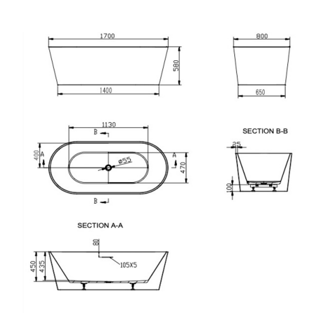 Linsol Joseph 1700Mm Freestanding Bath With Overflow Gloss White