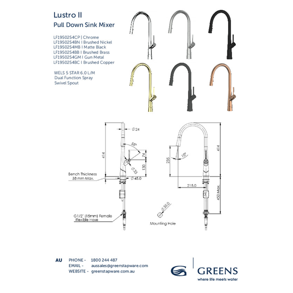 Greens Lustro Ii Pull-Down Sink Mixer Pvd Matte Black