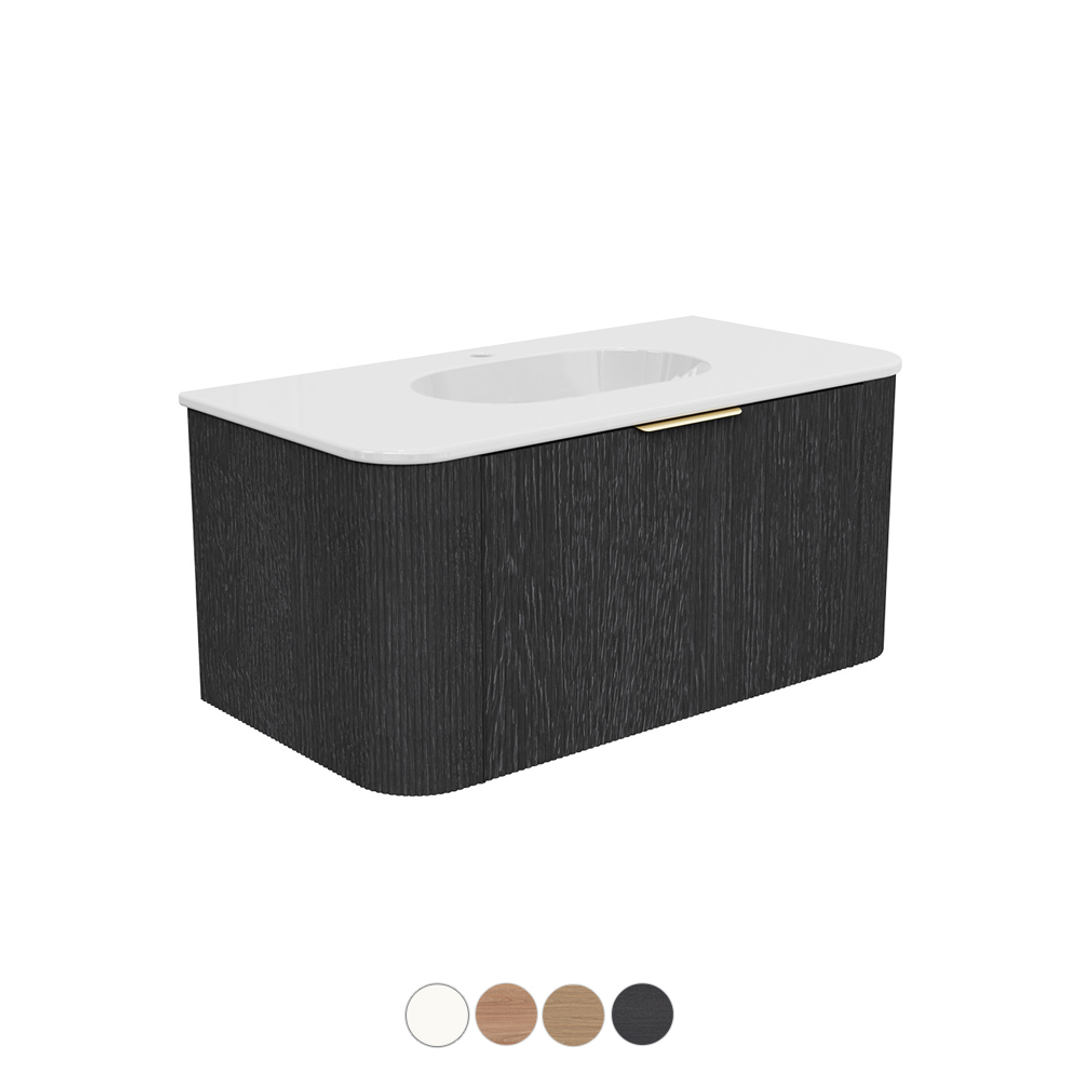 Fienza Margot 900 Curved Vanity Wall Hung 1Dr Centre Bowl Gloss White Lola Top