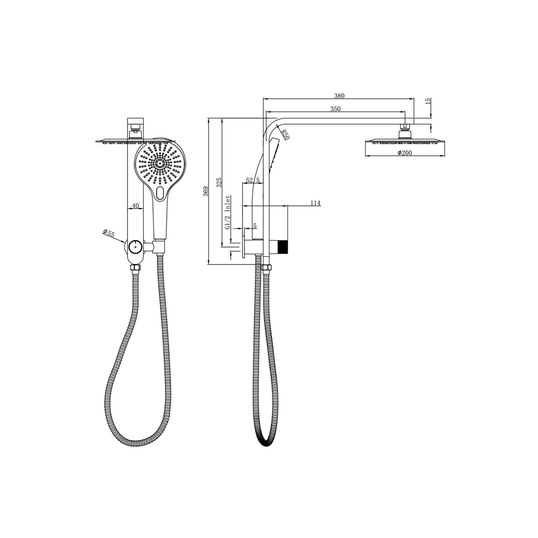 Linsol Mason Short Shower Combo With Multifunction Hand Piece & 200Mm Round Head Gunmetal