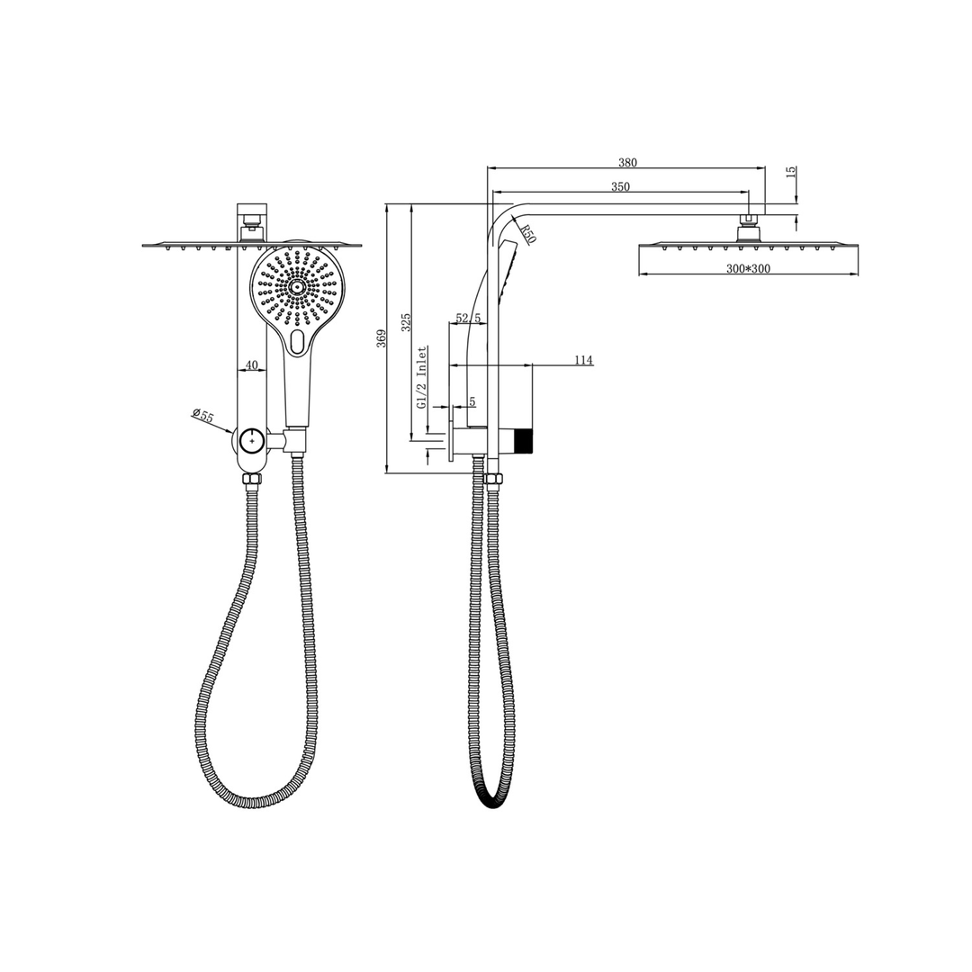 Linsol Mason Short Shower Combo With Multifunction Hand Piece & 300Mm Square Head Gunmetal