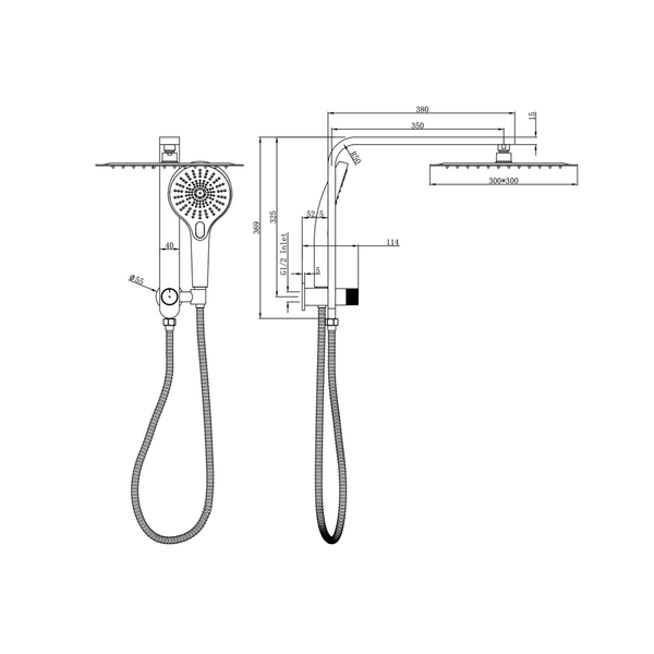 Linsol Mason Short Shower Combo With Multifunction Hand Piece & 300Mm Square Head Gunmetal