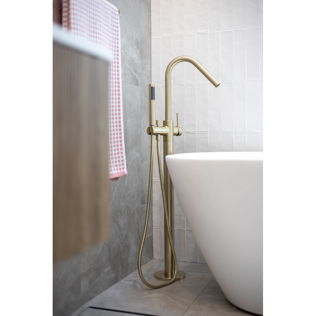 Meir Freestanding Round Bath Mixer With Hand Spray - Tiger Bronze