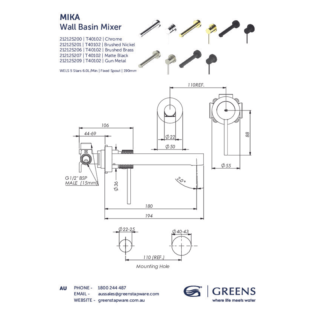 Greens Mika Wall Basin/Bath Mixer Chrome