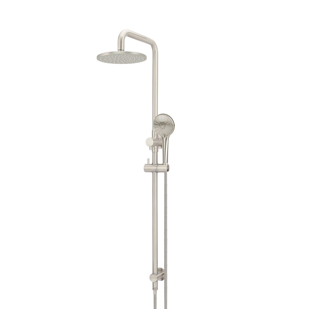Meir Round Brushed Nickel 200Mm Combination Shower Rail Rose Three Function Hand Shower