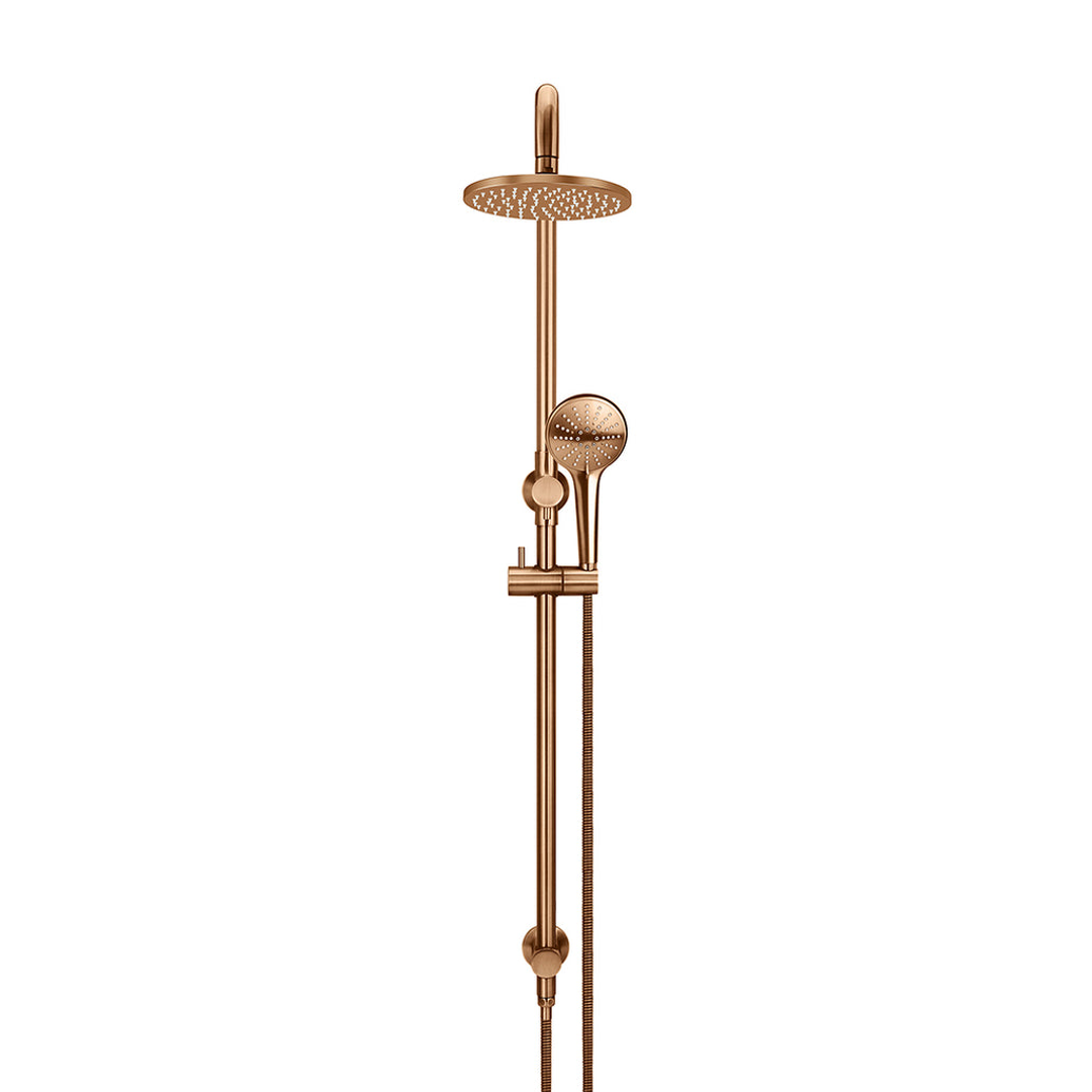 Rose gold shower head and handheld shower on a white background