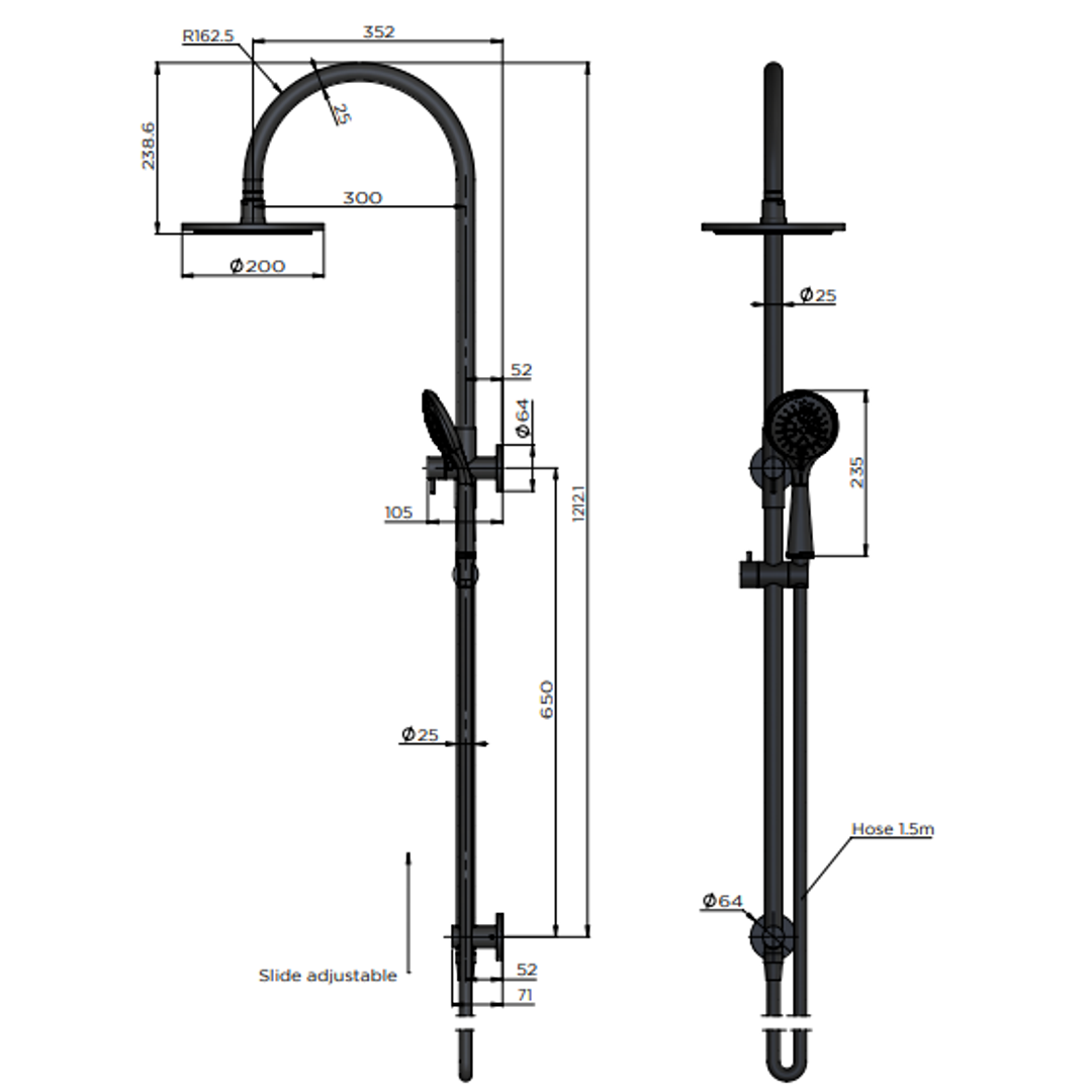 Meir 200Mm Round Overhead Shower Rail Three Function Hand Shower Lustre Bronze
