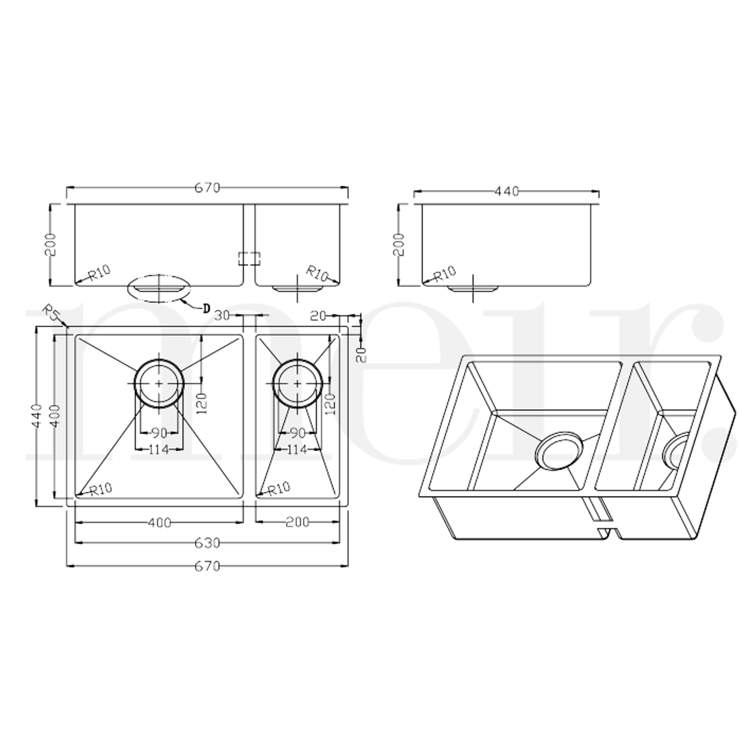 Meir Double Bowl Pvd Kitchen Sink 670mm - Brushed Gun Metal
