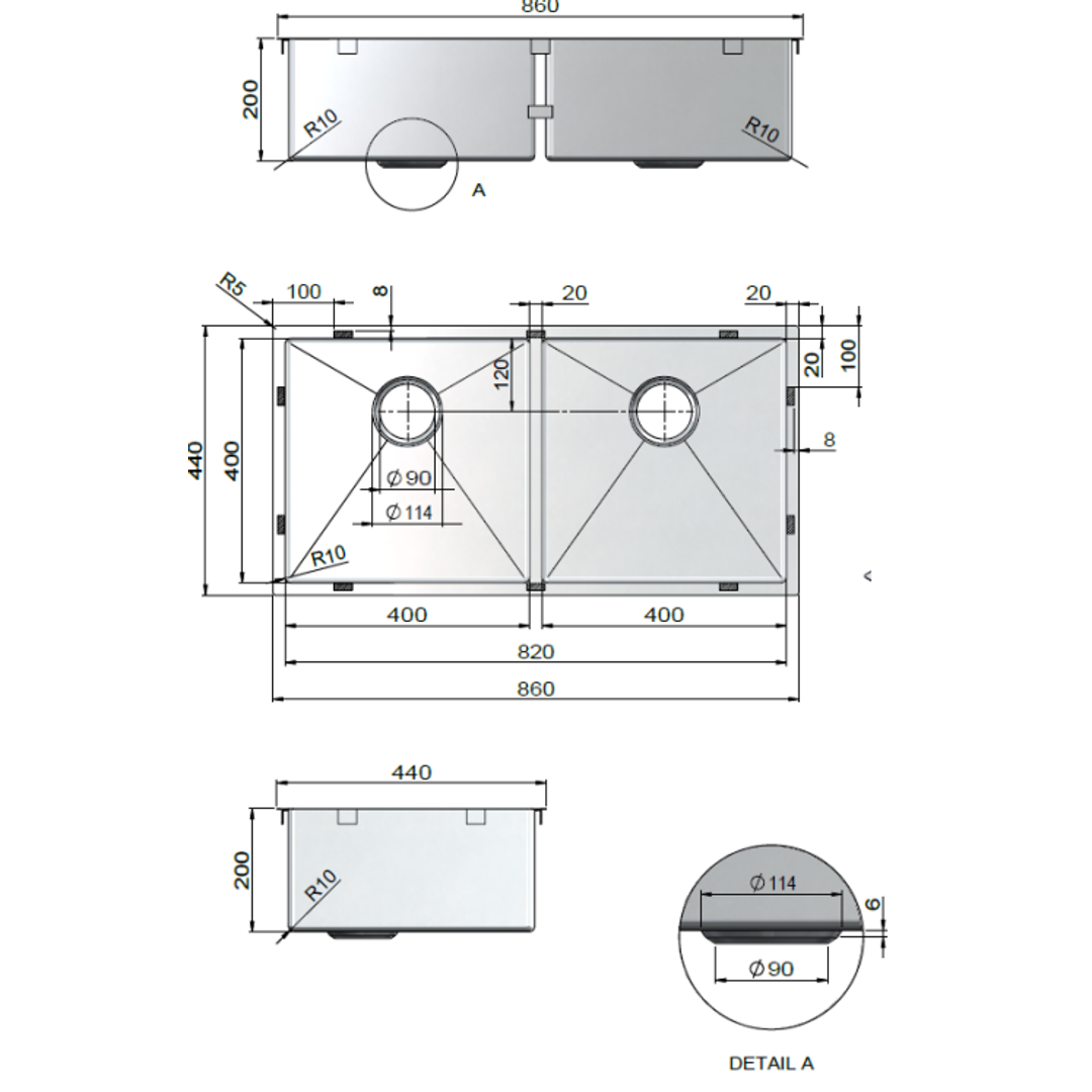 Meir Double Bowl Pvd Kitchen Sink 860mm - Brushed Nickel