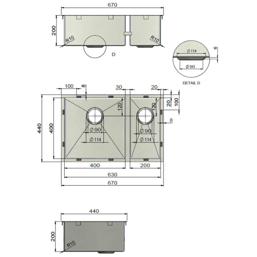 Meir Kitchen Sink Double Bowl 670mm X 440mm - Brushed Nickel