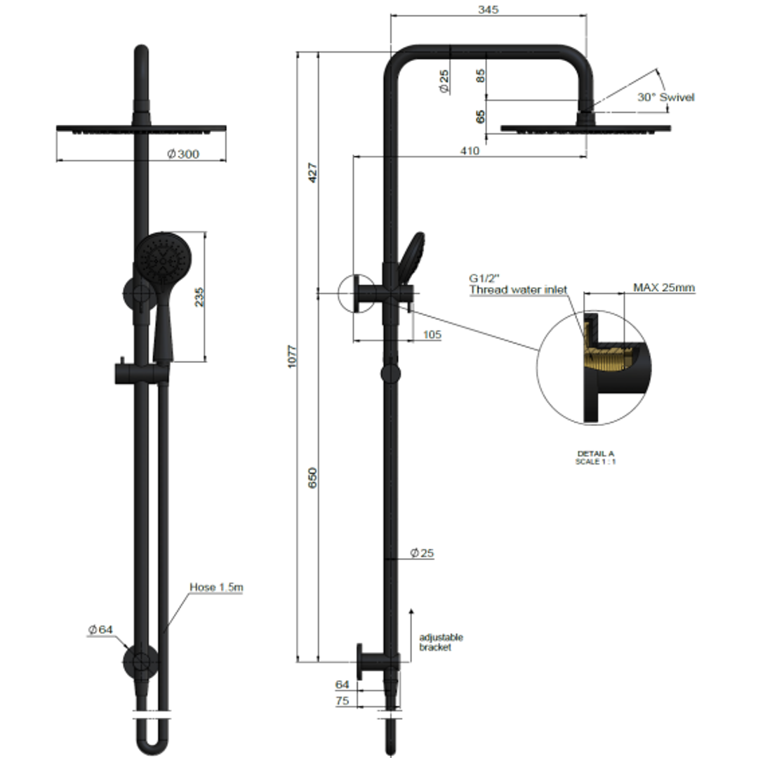 Meir Round Combination Shower Rail 300mm Rose Three Function Hand Shower Shadow