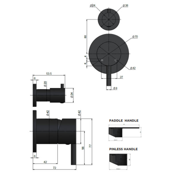 Meir Round Diverter Mixer Paddle Handle Finish Kit Matte Black