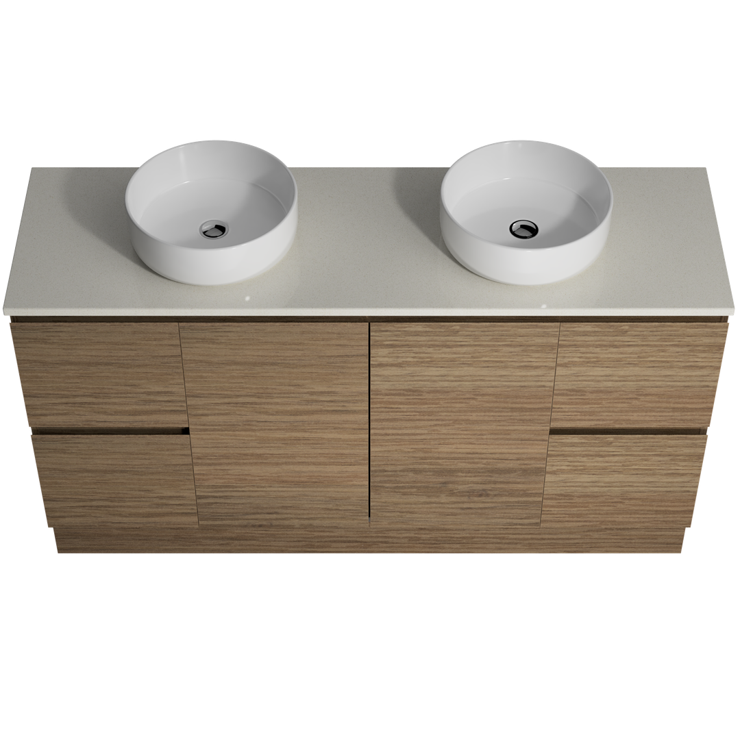 Timberline Nevada Vanty 1500mm Dbl Bwl 20 Silk Surf Top & Ceramc A/Countr Basn Floor Sta