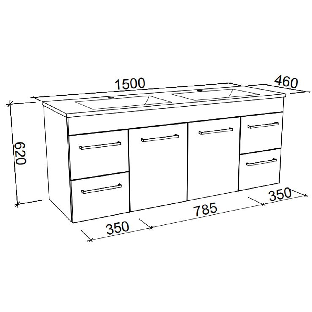 BARGO VANITY 1500MM SINGLE BOWL GRAND ACRYLIC TOP WALL HUNG(TIMBERLN P#:B151GW)