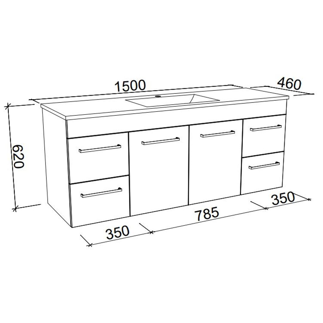 BARGO VANITY 1500MM SINGLE BOWL HAVEN POLYMARBLE TOP WALL HUNG(TIMBERLN P#:B151HW)