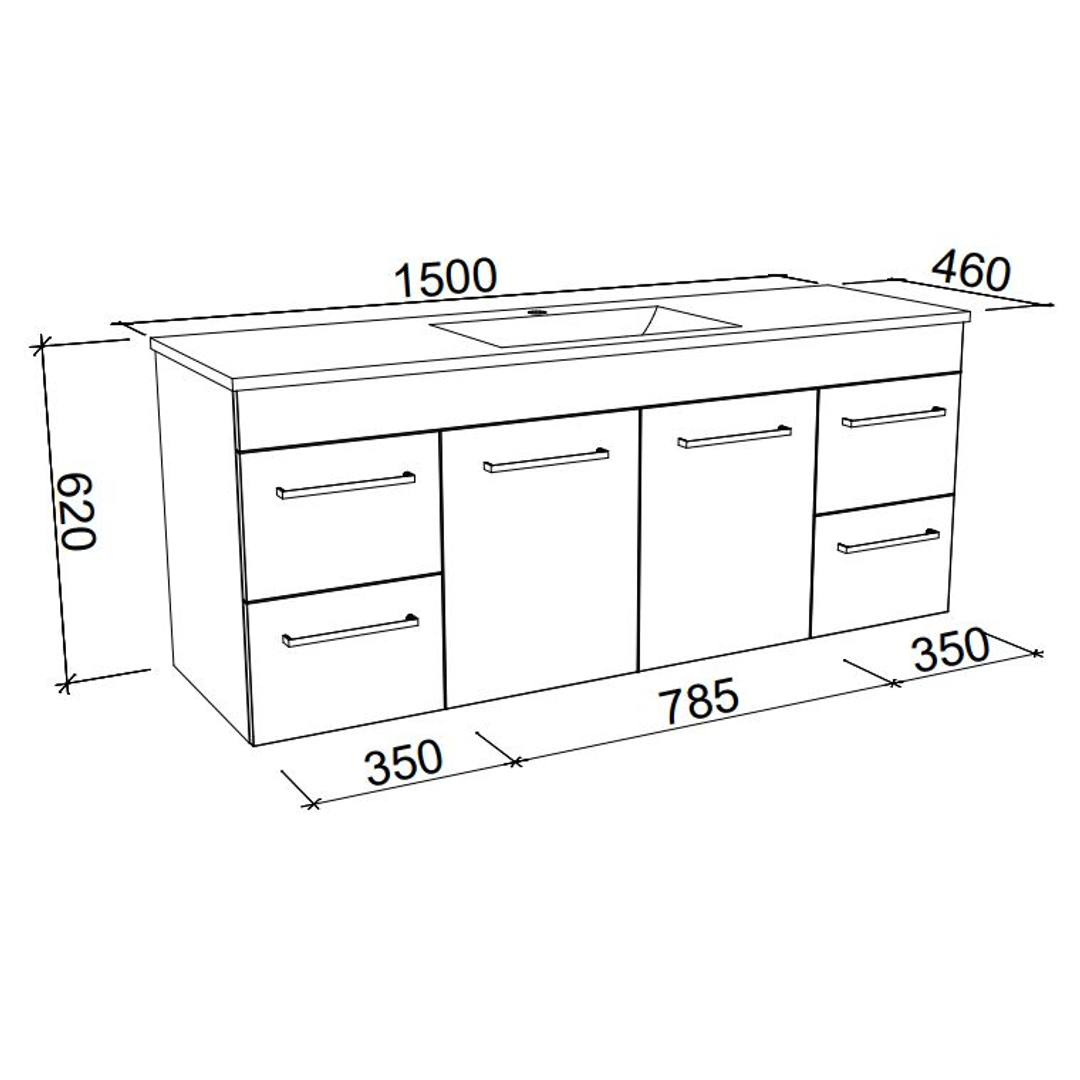Timberline Bargo Wall Hung Vanity 1500mm Centre Bowl