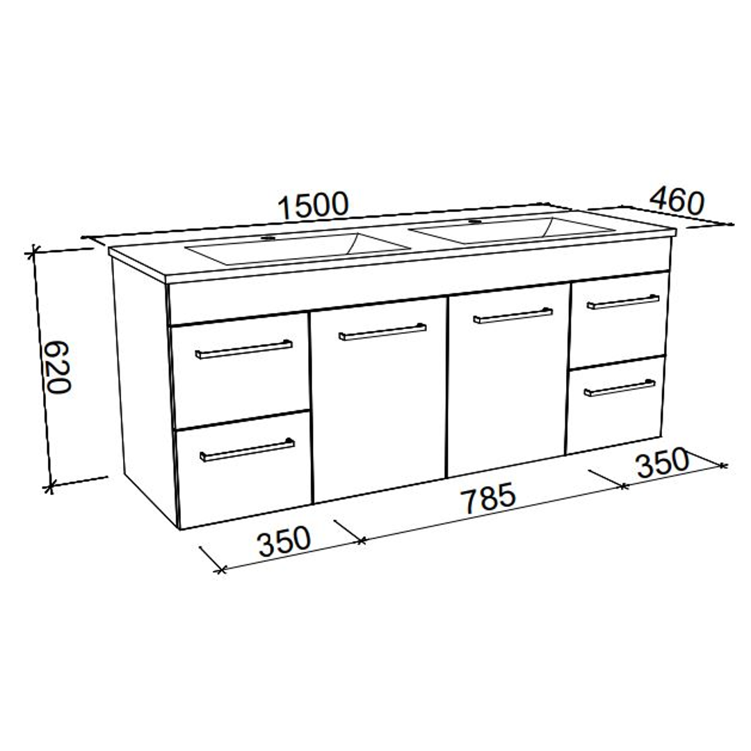 BARGO VANITY 1500MM DOUBLE BOWL HAVEN POLYMARBLE TOP WALL HUNG(TIMBERLN P#:B152HW)
