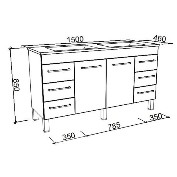 BARGO VANITY 1500MM DOUBLE BOWL GRAND ACRYLIC TOP ON LEGS(TIMBERLN P#:B152GL)