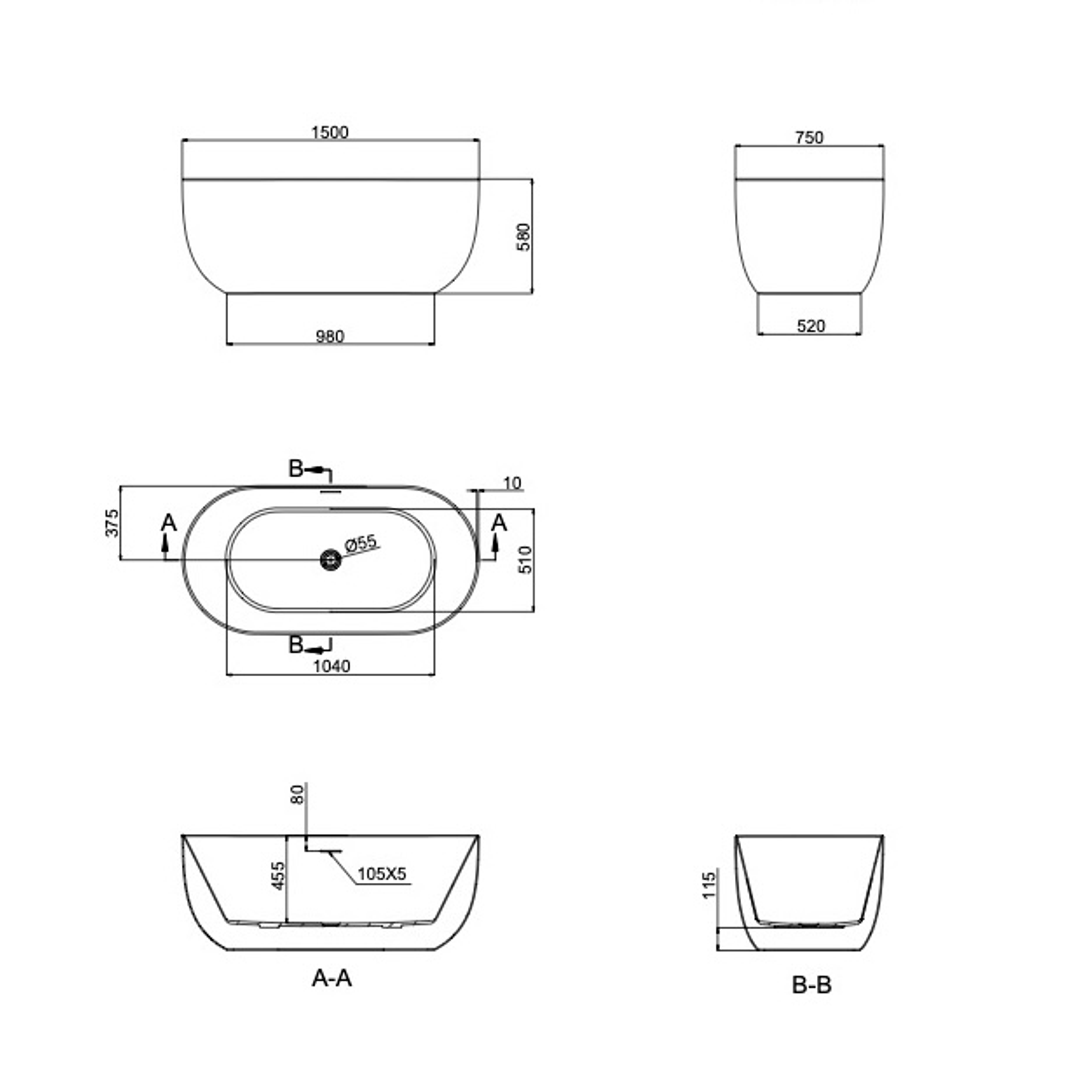 Linsol Nora 1500Mm Freestanding Bath With Overflow Matte White